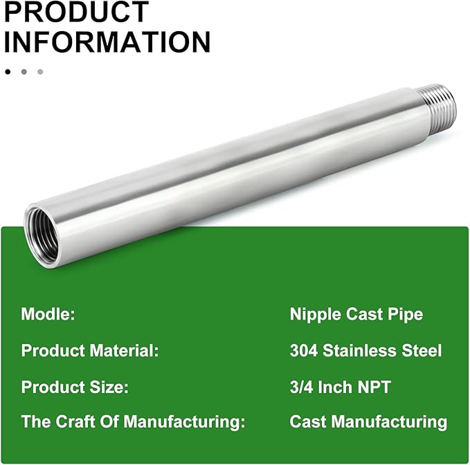 TAISHER 2PCS Stainless Steel Pipe Fittings, 3/4" NPT Male x 3/4" NPT Female Threaded, 8" Length Nipple Cast Pipe