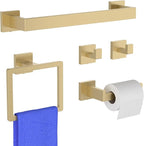 Brushed Gold 5-Pieces Bathroom Hardware Set, SUS304 Rustproof Steel 16" Rectangle Bathroom Towel Racks Accessories Set, Luxury Hotel Grade Organization Hardware Kit