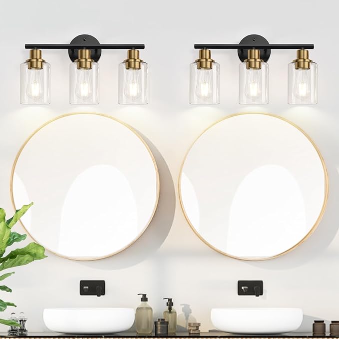 3-Light Bathroom Light Fixtures, Black and Gold Bathroom Wall Lights, Modern Vanity Light with Clear Glass Shade, Bathroom Wall Lamp for Mirror Kitchen Bedroom Hallway Cabinet