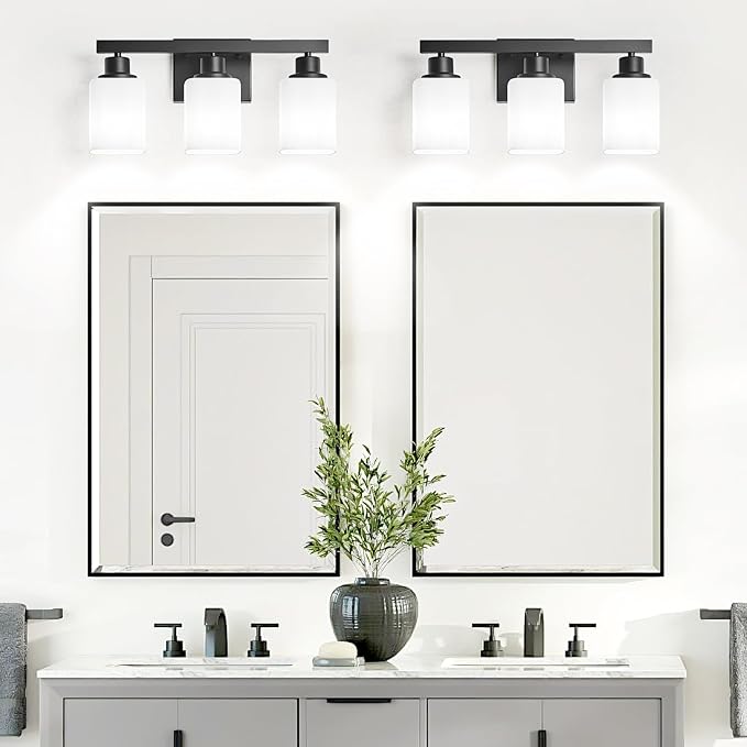3-Light Bathroom Vanity Light,Modern Matte Black Bathroom Light Fixtures with Square Frosted Glass,Wall Sconces Lighting fixtures Over Mirror Restroom, Living Room Hallway
