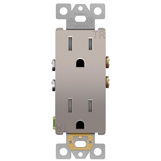 ENERLITES, Nickel Elite Series Decorator Receptacle Outlet Child Safe Tamper-Resistant, Self-Grounding, 2-Pole, Residential Grade, 15A 125V, UL Listed, 61501-TR-NK