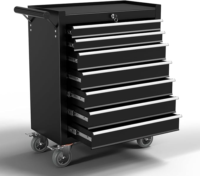 7-Drawer Metal Rolling Tool Chest with Wheels,Tool Storage Cabinet with Locking System，Toolbox with Wheels for Garage,Workshop, Repair Shop(Black, 7-Drawer)