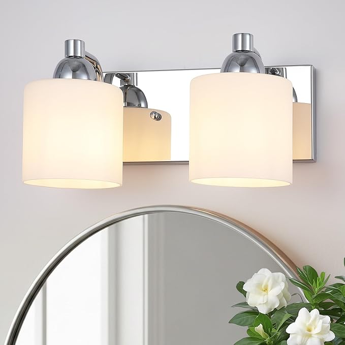 Stainless Steel Milk Glass Vanity Lights for Bathroom, 2 Light Polished Chrome Bathroom Light Fixtures Over Mirror, Ceramic E26 Sockets Wall Mounted