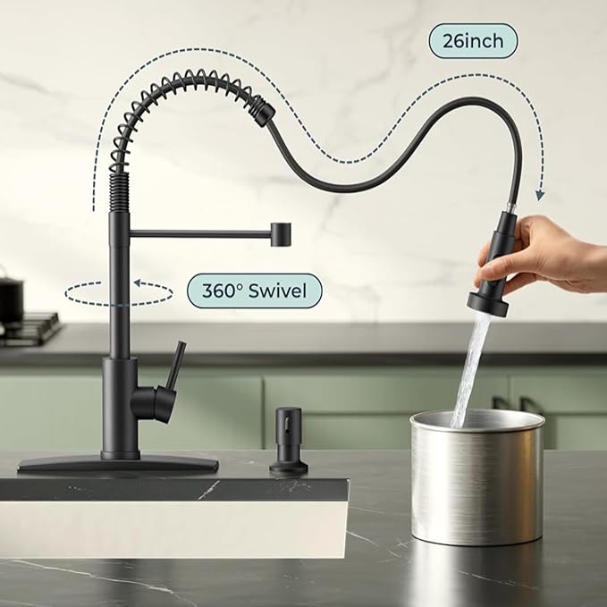 Smart Touch On Kitchen Faucet, 3 Modes Pull Down Sprayer, Touch On Sensor Activated, 360-Degree Rotation, Ceramic Disc Valve, 1 or 3 Hole Deck Plate. 10-Year Warranty. (KW-62R, Matt Black)