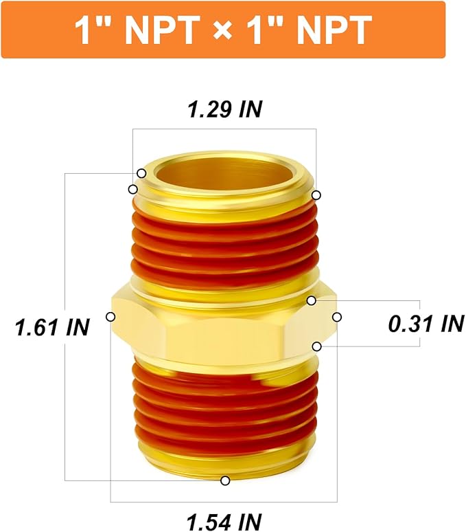 GASHER 1PCS Brass Pipe Fitting, Hex Nipple, 1" Male Pipe x 1" Male Pipe With Sealant