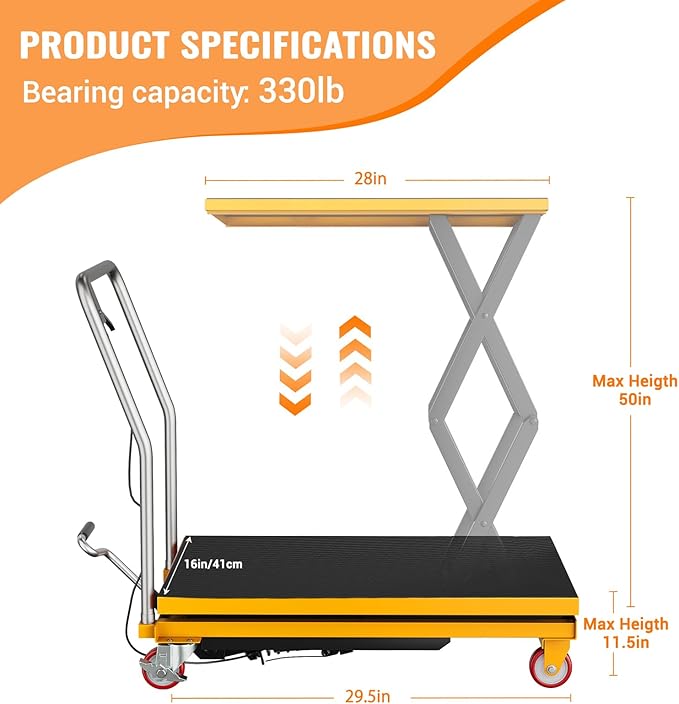 Hydraulic Lift Table Cart, 330lbs Capacity 50" Lifting Height, Manual Double Scissor Lift Table with Locking Wheels and Non-Slip Pad, Hydraulic Scissor Cart for Material Handling
