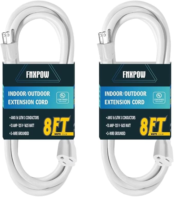 Indoor Outdoor Extension Cord 8 FT Waterproof, 16/3 Gauge Heavy Duty White Extension Cords, 13A 1625W SJTW Extension Cord with 3 Prong Grounded Plug, Great for Tools, Lights, UL Listed, 2PK