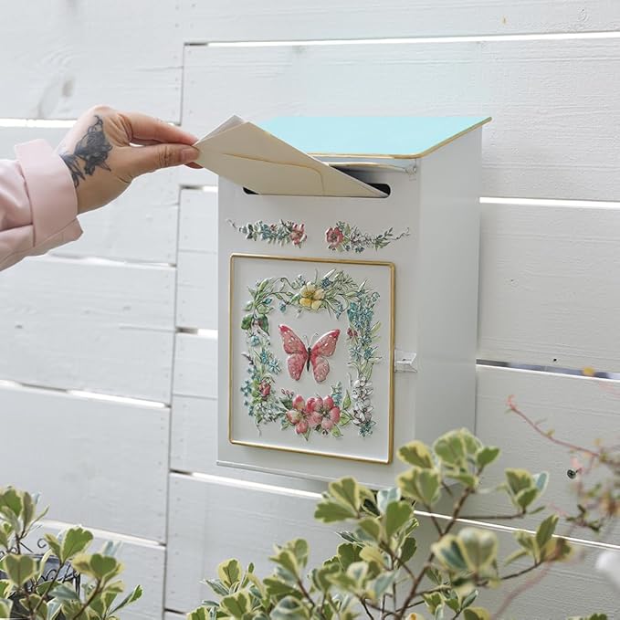 Mailbox Wall Mount Mailboxes for Outside Vintage Mail Boxes for House Outside Metal Drop Box Antique Style Nostalgic Charm Home Decorative, Butterfly Pattern, White