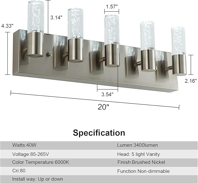 5-Light Bathroom Light Fixtures, Modern Led Vanity Lights 40W 6000K (Non-dimmable) Brushed Nickel Vanity Lights Bathroom Fixture. for Bathroom, Bedroom, Living Room…