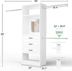 Unikito 48" W - 96” W Closet System with Mirror, 8FT Walk in Closet Organizer Kits with Drawers and 3 Extendable Hanging Rod, Sturdy Wood Clothing Garment Rack with 25” Tower, Max Load 1000 LBS, White