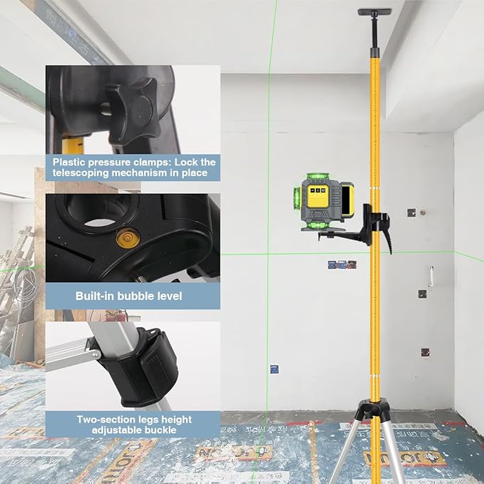 Telescoping Laser Level Pole with Tripod, 13.8Ft./4.2M with 1/4-Inch by 20-Inch Laser Mount for Rotary and Line Laser Level, 5/8"-11 Adapter Nut Included