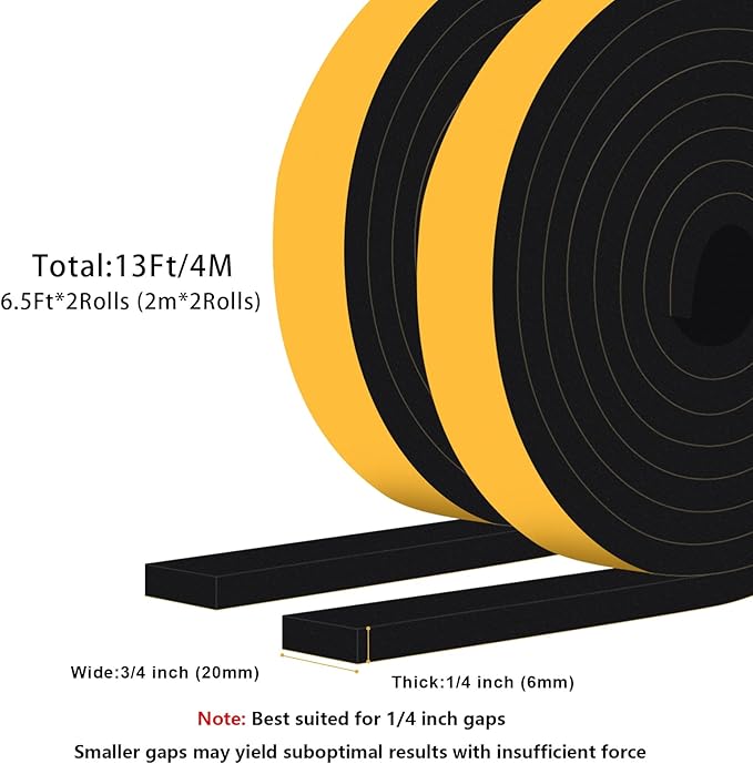 Closed Cell Foam Weather Stripping for Various Door Seal and Window Insulation, One Sided Foam Strips Adhesive, SoundProof Weatherproof AC Seal Strip, Shock-Absorbing (3/4 in x 1/4 in x 13Ft)
