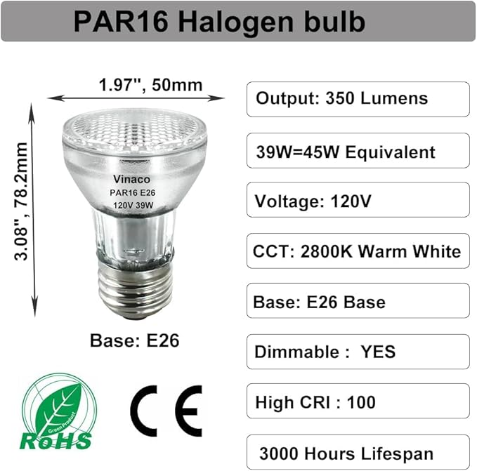 Vinaco PAR16 Halogen Bulb 39 Watt, 6 Pack High Output 350LM PAR16 Bulb（45W Equivalent, PAR16 Flood 39W Warm White 2800K, PAR 16 Dimmable with E26 Base, Halogen 45W Long Neck for Ceiling Light