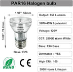 Vinaco PAR16 Halogen Bulb 39 Watt, 6 Pack High Output 350LM PAR16 Bulb（45W Equivalent, PAR16 Flood 39W Warm White 2800K, PAR 16 Dimmable with E26 Base, Halogen 45W Long Neck for Ceiling Light