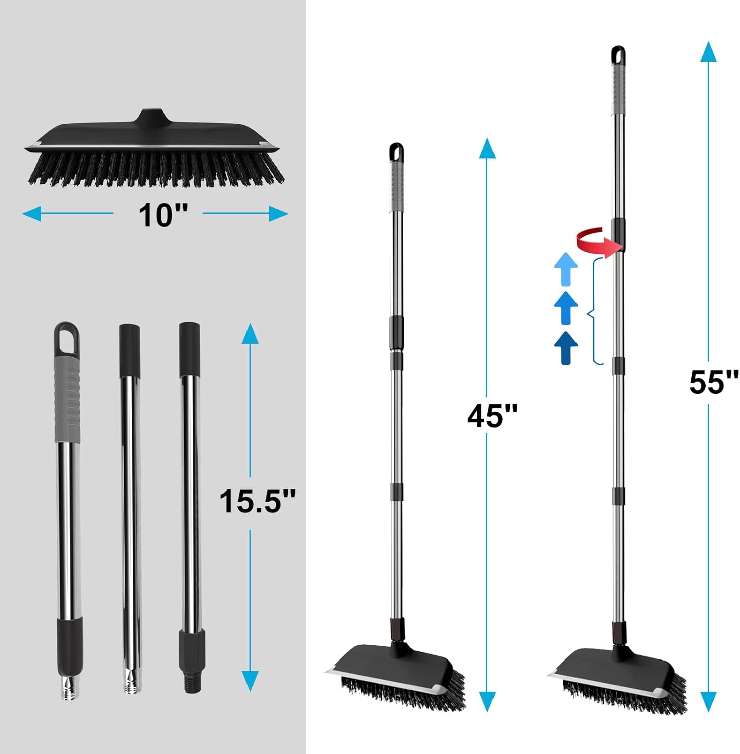 ITTAR Scrub Brush with Long Handle, 10" Wide Stiff Bristles Deck Brush, Heavy-Duty Floor Cleaning Brush, 2-in-1 Scrubber Squeegee Broom for Cleaning Patio, Pool, Kitchen, Garage, Bathroom Floor-Black