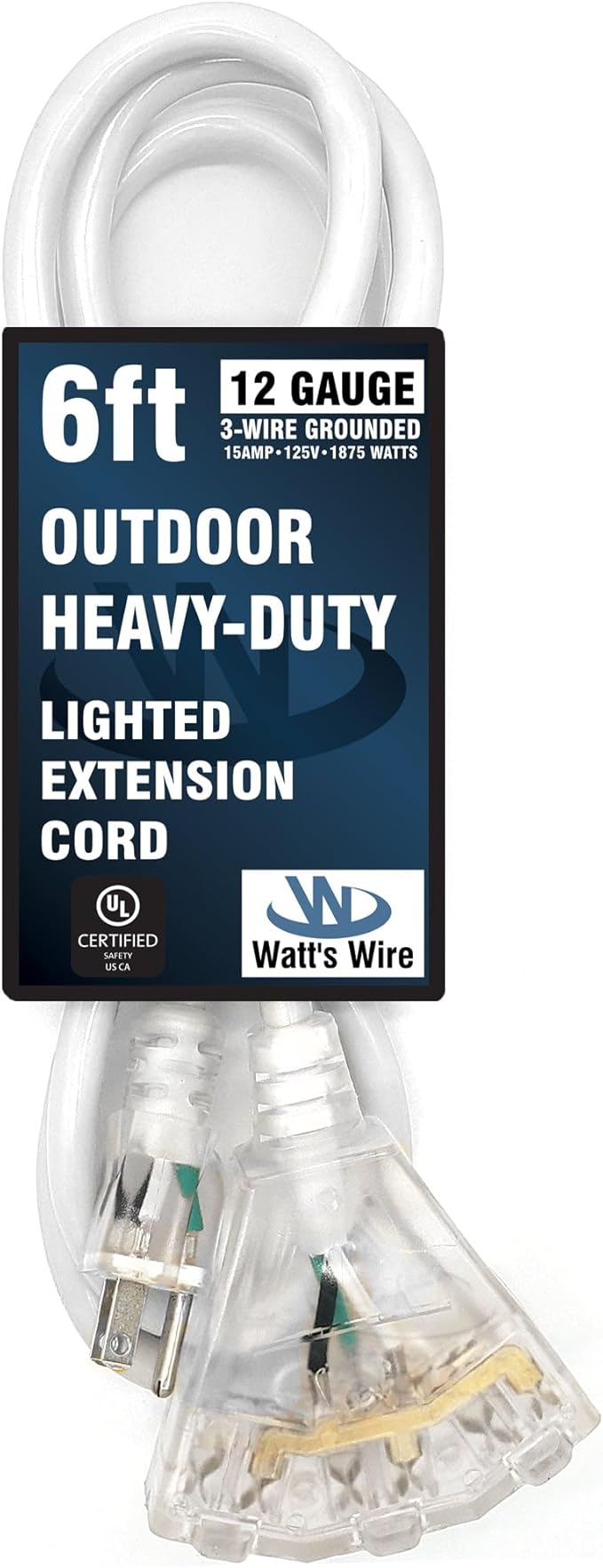 6 ft - 12 Gauge Heavy Duty Extension Cord - 3 Outlet Lighted SJTW - Indoor/Outdoor Extension_Cord by Watt's Wire - 6' 12-Gauge Grounded 15 Amp ExtensionCord Splitter