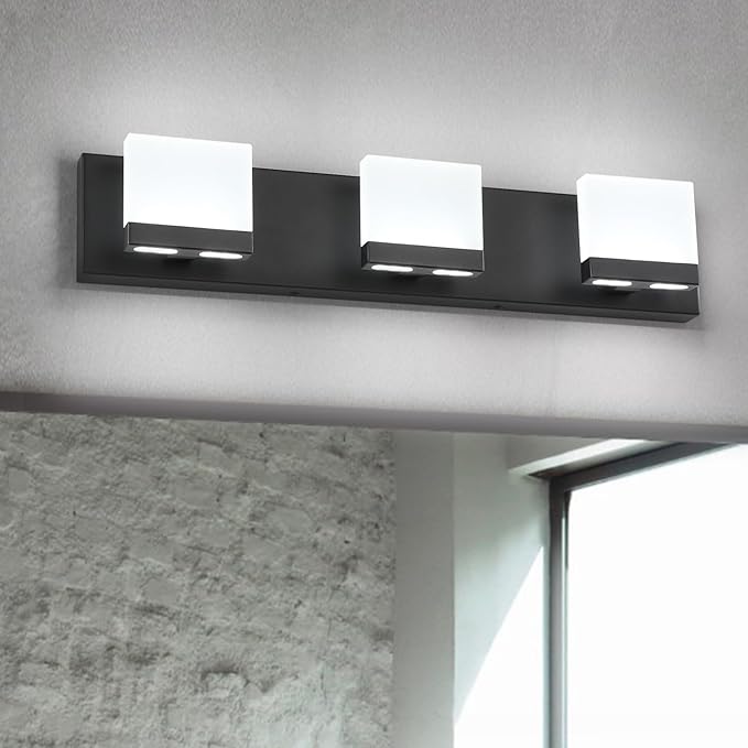 SineRise LED Modern Bathroom Vanity Light Fixtures (3-Light, 24-Inch,6000K), Matte Black Modern Acrylic Bathroom Wall Lighting Fixtures Over Mirror