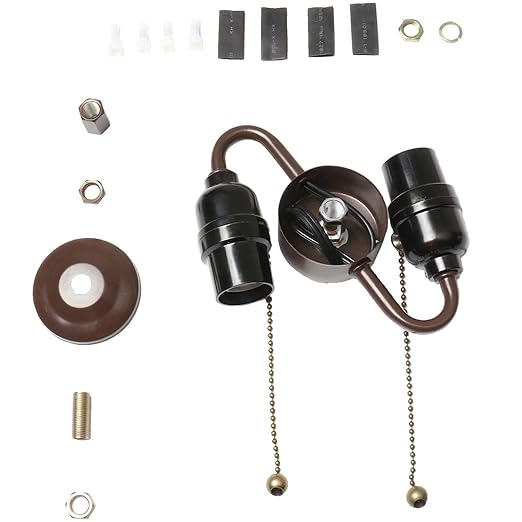 Bieye SC01 E26 Light Socket Cluster with Pull Chain Switch and Electrical Wiring Accessories (2-Light, Brown)