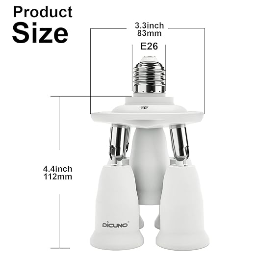 DiCUNO 5 in 1 E26 Light Socket Splitter Adapter, Standard Base LED Bulbs Converter, 360 Degrees Adjustable 180 Degree Bending, 5 Way Bulbs Socket Holder