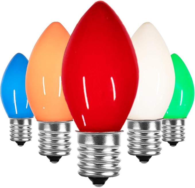 25 Pack Multicolor C7 Christmas Lights Replacement Bulbs Vintage Ceramic Multi-Colored Light Bulbs for Christmas Tree & Indoor Outdoor Xmas Lights C7 Replacement Bulbs, E12 Base, 5W
