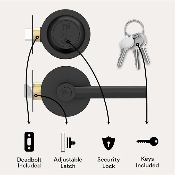 Mega Handles Ronn Entrance Combo, Entry Lever Door Handle and Single Cylinder Deadbolt Lock and Key, Heavy Duty Door Levers Set for Left or Right-Handed Doors - Matte Black (2 Pack) Keyed Alike