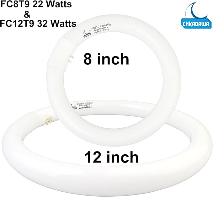 FC8T9/KB 22W and FC12T9/KB 32W Warm White Set, Round Fluorescent 8 inch T9 22 Watts & Circular Light Bulbs 12 inch 32 Watts Pack, Circline Kitchen and Bath Ceiling Fan Bulb, 3000K, G10q Prong