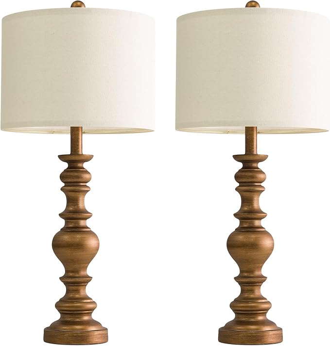 BOBOMOMO 27" Antique Gold Table Lamps Set of 2, Elegant Large Resin Lamps with Linen Shades, Gold Traditional Lamps for Bedroom, Living Room, or Console Table, Classic Vintage Décor