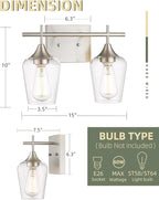 2 Lights Bathroom Light Fixture, 15 Inch Brushed Nickel Bathroom Vanity Lights Over Mirror, Modern Farmhouse Bath Wall Sconce Light with Clear Glass, WL9167-2C