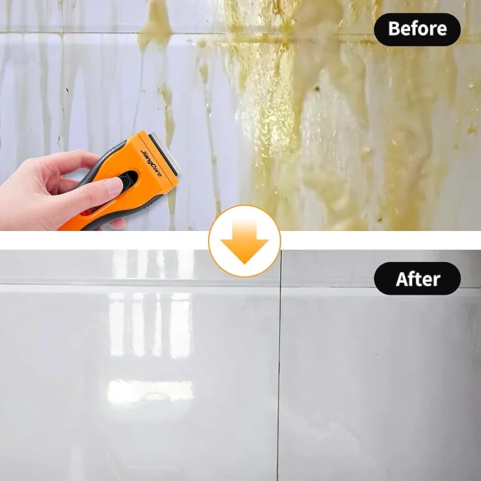 Razor Blade Scraper with 16 Extra SK5 Blades - Paint Sticker Glue Remover for Glass Windows Tiles Metal - Ergonomic Handle, Multi-Surface Tool