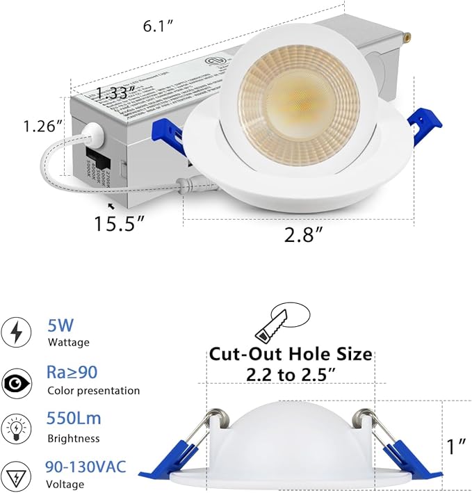 Adetu 2 Inch 5CCT Gimbal Led Recessed Lighting with Junction Box, 360°+90° Adjustable Recessed Can Lights, 2700K/3000K/3500K/4000K/5000K Selectable, 5W Eqv 50W, 550LM Brightness - ETL (White,12 Pack)