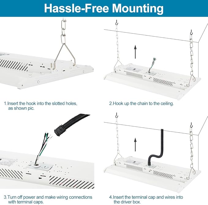 4-Pack LED High Bay Shop Light Commercial 165W 23100 Lumens 5000K 100-277V Dimmable, 2FT Linear Hanging Bay Lights for Warehouse Workshop Supermarket Stadium, Power Tunable 165W/110W/80W
