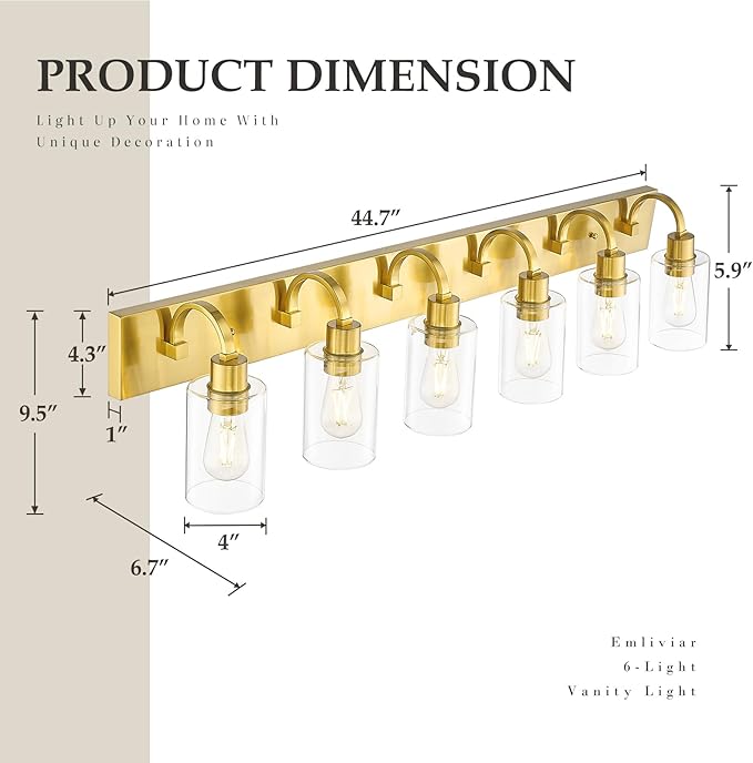 Emliviar Large 6-Light Vanity Lighting for Powder Room, 44.7 Inch Wall Lamp Over Mirror with Clear Glass Shade, Brushed Gold Finish, YCE237B-6W BG
