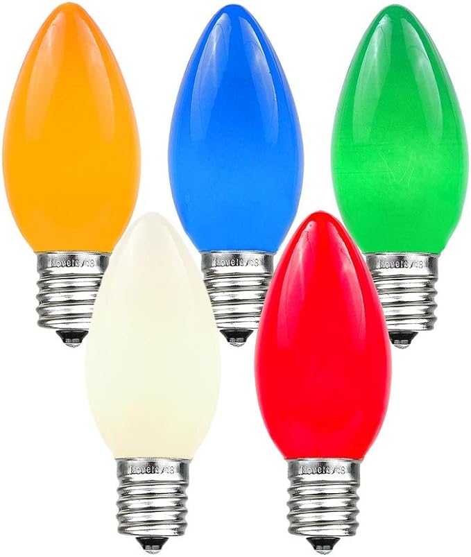 Novelty Lights 25 Pack C9 Ceramic Outdoor Christmas Replacement Bulbs, Multi, E17/C9 Intermediate Base, 7 Watt