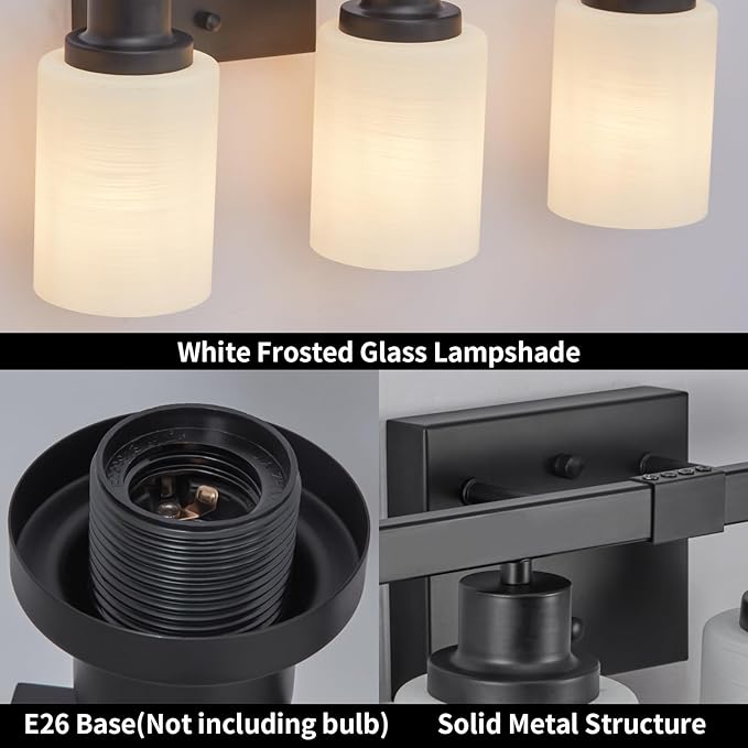 Bathroom Light Fixtures, 4-Light Matte Black Bathroom Vanity Lights with Milky White Glass Shade, Bathroom Lights Over Mirror Wall Lamp Sconces for Mirror Bedroom, Living Room Hallway