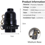 6 Pack Lamp Socket Replacement, Phenolic Medium Base Light Socket, E26 Screw Bulbs Edison Retro Pendant Lamp Holder, Lampshade Ring, 1/8 IP Thread Cap (Lamp Socket Pull Chain)