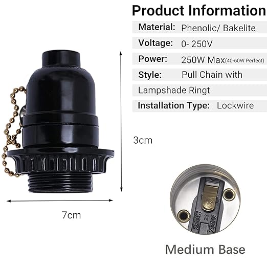 6 Pack Lamp Socket Replacement, Phenolic Medium Base Light Socket, E26 Screw Bulbs Edison Retro Pendant Lamp Holder, Lampshade Ring, 1/8 IP Thread Cap (Lamp Socket Pull Chain)