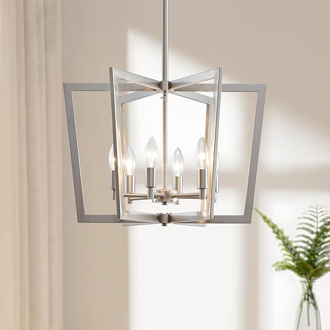 Brushed Nickel Chandelier, 6-Light Geometric Dining Room Light Fixture Over Table Metal Modern Chandelier Lighting for Kitchen Island Entryway, 20 Inch Pendant Lighting Hanging Ceiling Lamp