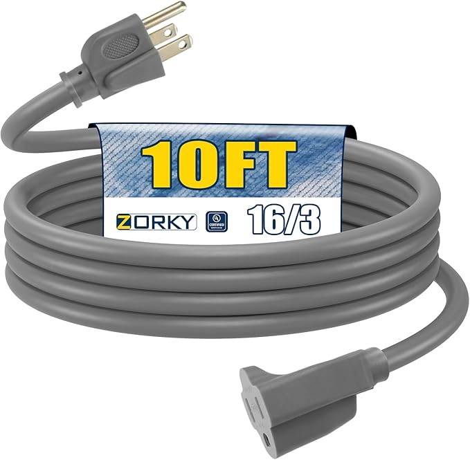 10ft Outdoor Extension Cord for Christmas Decorations - 16/3 Heavy Duty SJTW Waterproof Gray Electrical Cable with 3 Prong Grounded Plug for Safety, Great for Lawn and Major Appliances