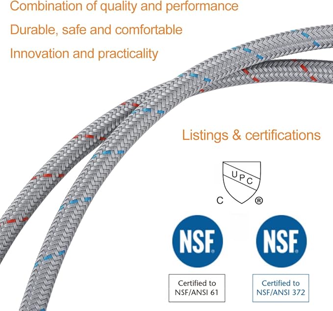 WOWOW 16 Inch Faucet Supply Hose Faucet Line Braided Nylon Sink Faucet Supply Line 3/8" Comp x 1/2" Comp 2Pcs (1 Pair)