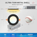 LVWIT 12 Pack Ultra-Thin Recessed Lighting 4 Inch with Junction Box, 800LM 2700K-5000K 5CCT LED Ceiling Lights, Dimmable Canless Wafer Downlight, ETL,FCC&IC, Smooth Trim, Black