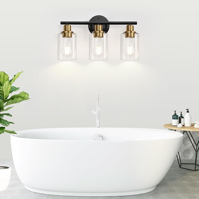 3-Light Bathroom Light Fixtures, Black and Gold Bathroom Wall Lights, Modern Vanity Light with Clear Glass Shade, Bathroom Wall Lamp for Mirror Kitchen Bedroom Hallway Cabinet