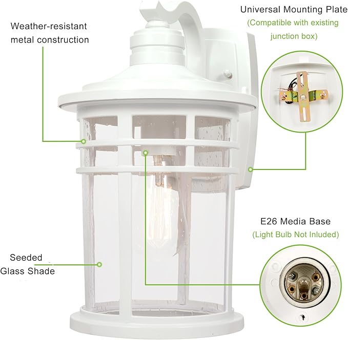 Darkaway Large Outdoor Porch Lights Wall Mount, 15inch Outdoor Wall Sconces with Seeded Glass Waterproof Exterior Lights for Patio Yard House Hallway Doorway Garage(Large, White)