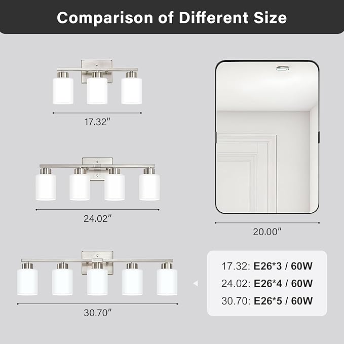 Brushed Nickel Bathroom Light Fixtures, 3-Light Modern Vanity Light Over Mirror, Wall Sconces with Milky White Frosted Glass Shades, E26 Socket (Bulbs Not Included)