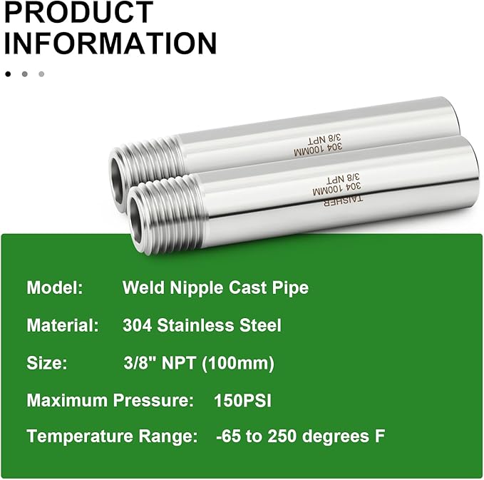 TAISHER 2PCS 304 Stainless Steel Pipe Fittings, 3/8" NPT Male Threaded, 4" Length Weld Nipple Cast Pipe
