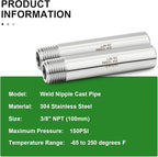 TAISHER 2PCS 304 Stainless Steel Pipe Fittings, 3/8" NPT Male Threaded, 4" Length Weld Nipple Cast Pipe