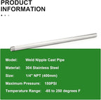 TAISHER 2PCS 304 Stainless Steel Pipe Fittings, 1/4" NPT Male Threaded, 16" Length Weld Nipple Cast Pipe