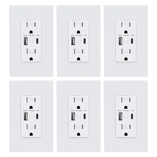USB Wall Outlet, Charger Outlets Receptacles with 4.2A USB C Ports, 15 Amp Duplex Tamper Resistant Receptacle Plug with USB Electrical Outlet, Wall Plate Included, ETL Listed，White, 6 Pack