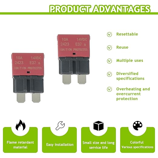 10A DC 12V-14V Auto Reset Circuit Breaker ATC/ATO Low Profile T1 Mini Blade Fuses Breakers for Car Trucks Marine Boat RV Solar and More,2 Pack