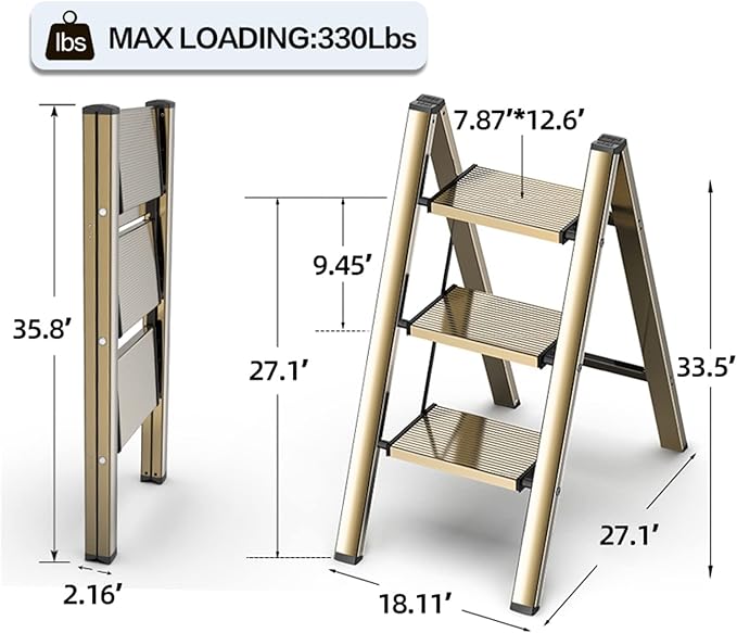 GameGem 3 Step Ladder, Aluminum Folding Step Stool with Anti-Slip Sturdy and Wide Pedal, Lightweight Portable Stepladder for Home and Kitchen Use Space Saving, Gold, 330 lbs