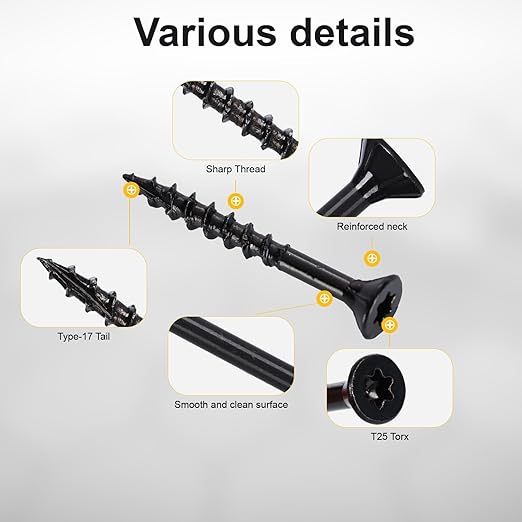 Wood Screws #8 x 1-1/2’’, T25 Star Torx Drive Flat Head Deck Screws, Black, 165Pcs (1lb)